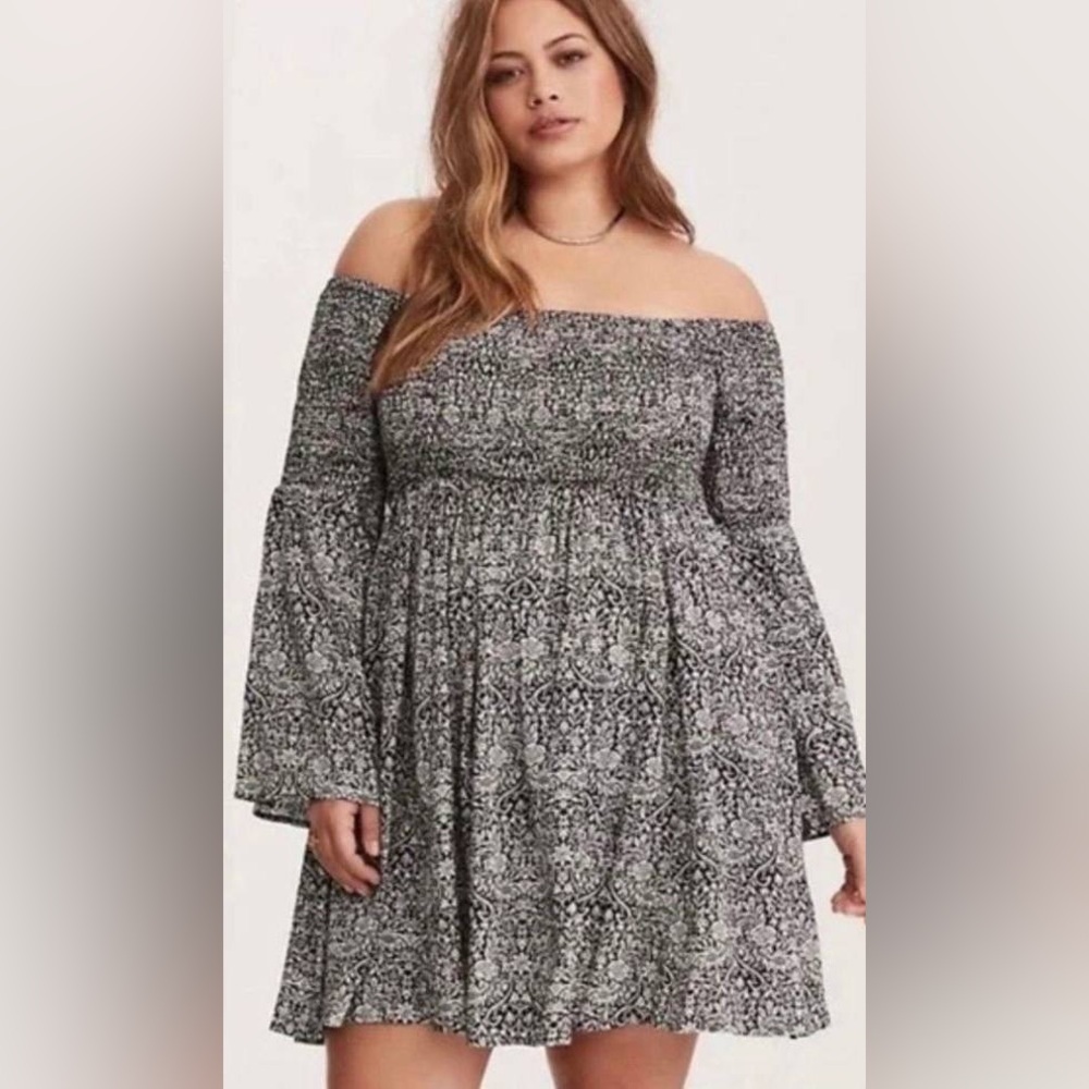 Torrid Mini Challis Smocked Off the Shoulder Mini Dress 1X